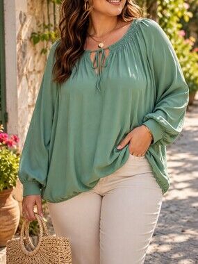 Reitmans Sage Green Peasant Blouse Plus Size Boho Cottagecore Romantic Tie Neck